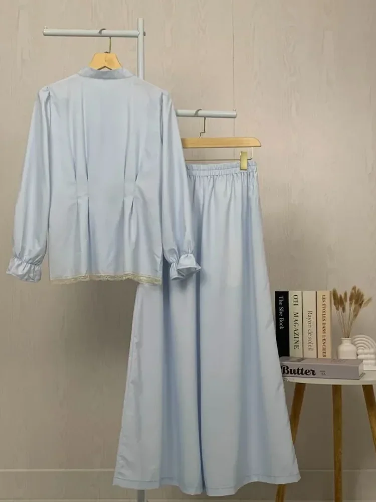 [READY STOCK]CHICMORE Setelan lembut, kemeja lengan panjang dengan celana panjang, kemeja dekoratif renda bersulam