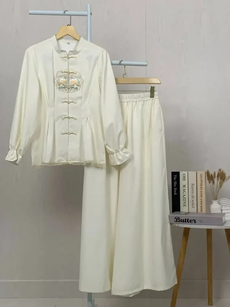 [READY STOCK]CHICMORE Setelan lembut, kemeja lengan panjang dengan celana panjang, kemeja dekoratif renda bersulam