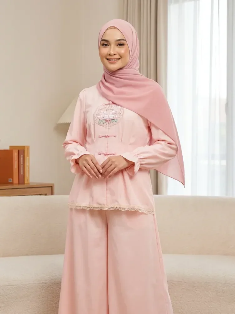 [READY STOCK]CHICMORE Setelan lembut, kemeja lengan panjang dengan celana panjang, kemeja dekoratif renda bersulam