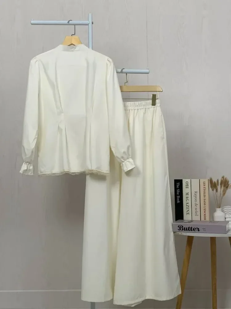 [READY STOCK]CHICMORE Setelan lembut, kemeja lengan panjang dengan celana panjang, kemeja dekoratif renda bersulam