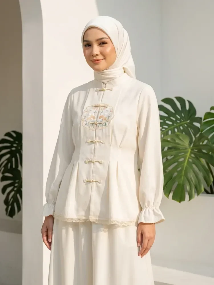 [READY STOCK]CHICMORE Setelan lembut, kemeja lengan panjang dengan celana panjang, kemeja dekoratif renda bersulam