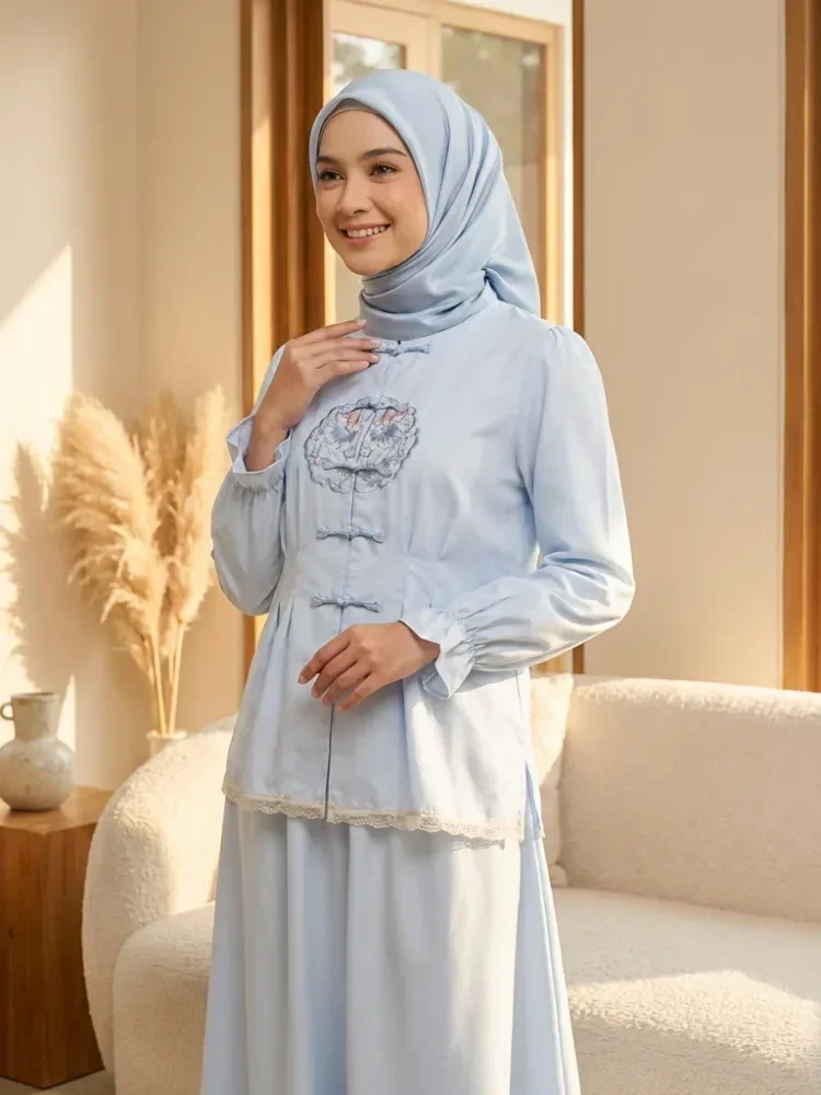 [READY STOCK]CHICMORE Setelan lembut, kemeja lengan panjang dengan celana panjang, kemeja dekoratif renda bersulam