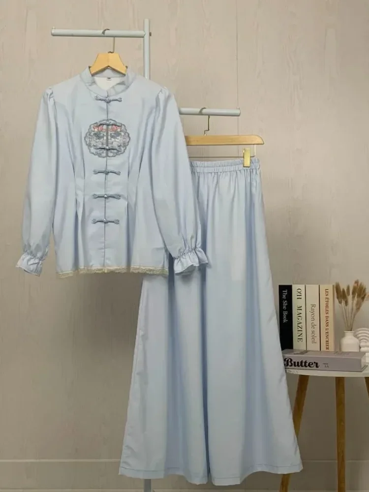 [READY STOCK]CHICMORE Setelan lembut, kemeja lengan panjang dengan celana panjang, kemeja dekoratif renda bersulam