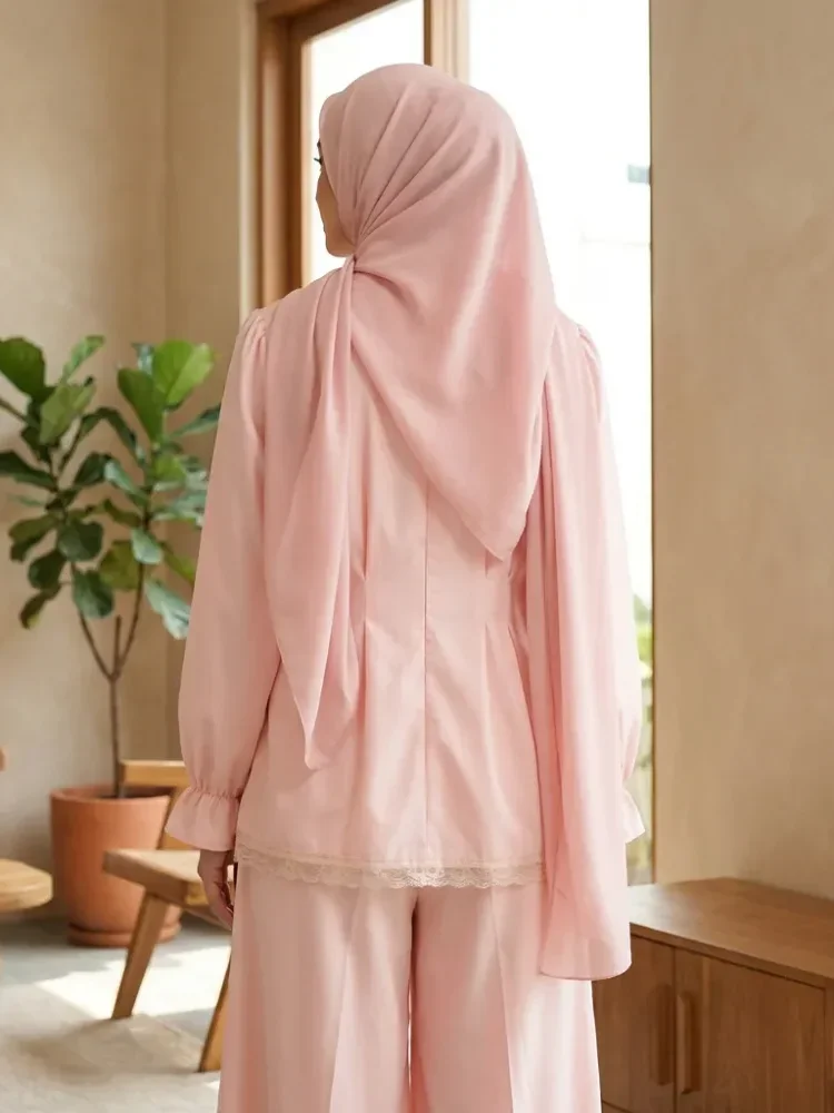 [READY STOCK]CHICMORE Setelan lembut, kemeja lengan panjang dengan celana panjang, kemeja dekoratif renda bersulam