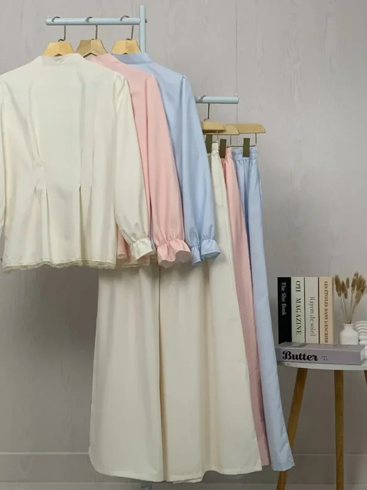 [READY STOCK]CHICMORE Setelan lembut, kemeja lengan panjang dengan celana panjang, kemeja dekoratif renda bersulam