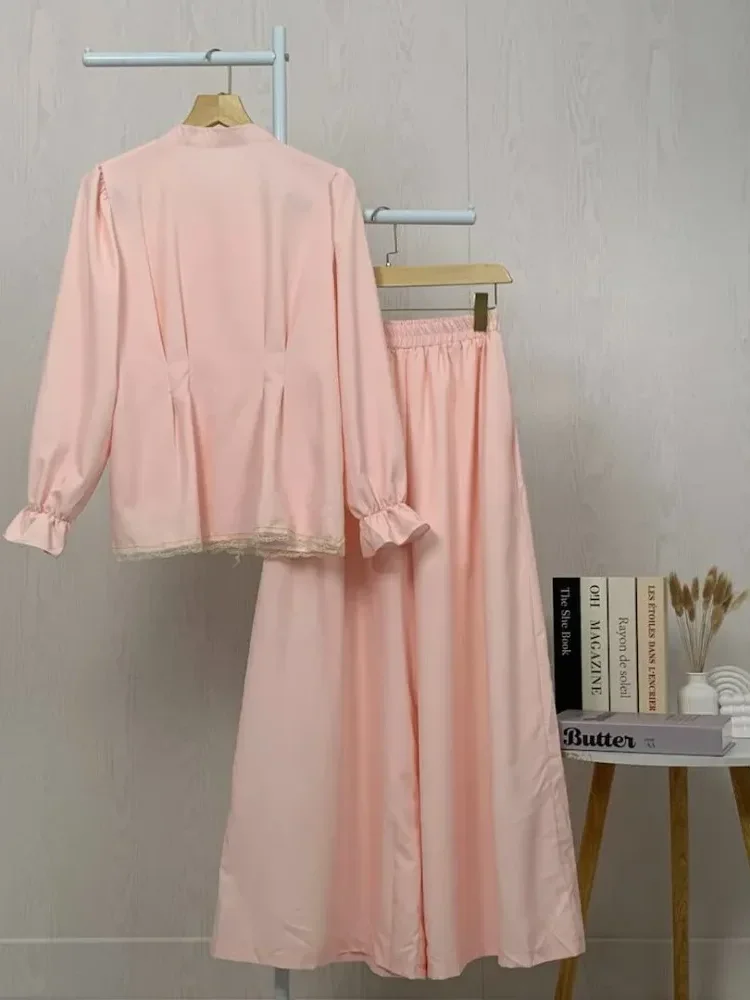 [READY STOCK]CHICMORE Setelan lembut, kemeja lengan panjang dengan celana panjang, kemeja dekoratif renda bersulam