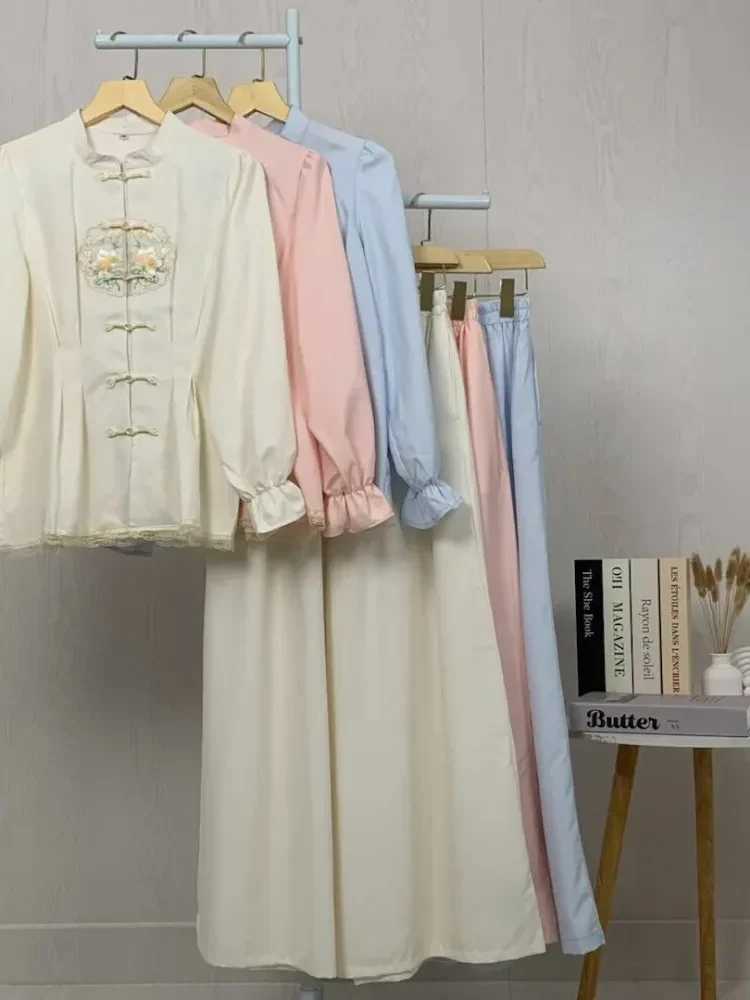 [READY STOCK]CHICMORE Setelan lembut, kemeja lengan panjang dengan celana panjang, kemeja dekoratif renda bersulam