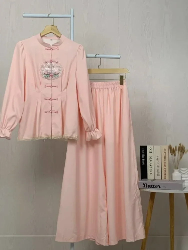 [READY STOCK]CHICMORE Setelan lembut, kemeja lengan panjang dengan celana panjang, kemeja dekoratif renda bersulam