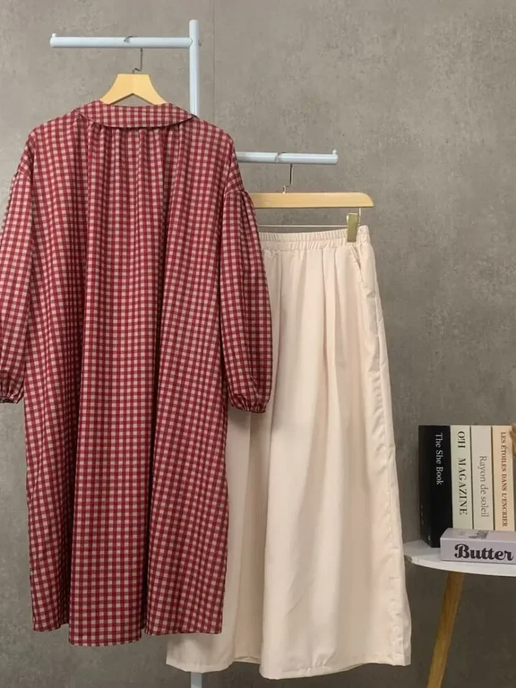 CHICMORE Set dua potong panjang wanita termasuk kemeja kotak-kotak dan celana panjang dalam dua warna