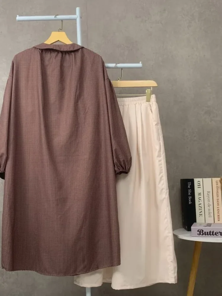 CHICMORE Set dua potong panjang wanita termasuk kemeja kotak-kotak dan celana panjang dalam dua warna