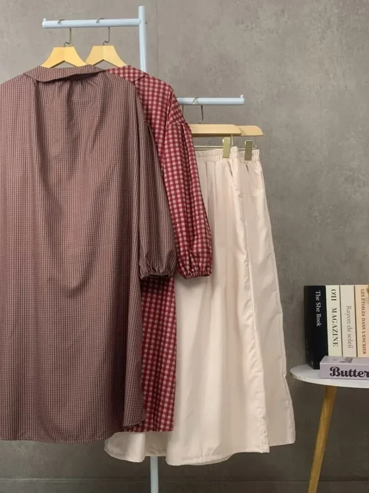 CHICMORE Set dua potong panjang wanita termasuk kemeja kotak-kotak dan celana panjang dalam dua warna