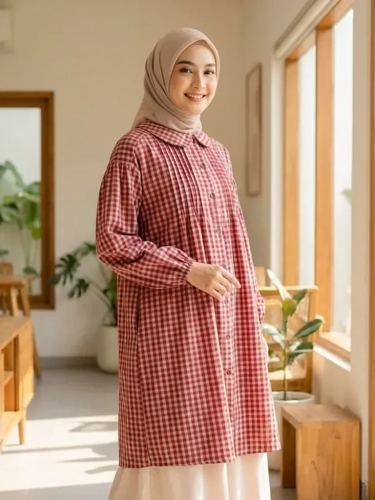 CHICMORE Set dua potong panjang wanita termasuk kemeja kotak-kotak dan celana panjang dalam dua warna