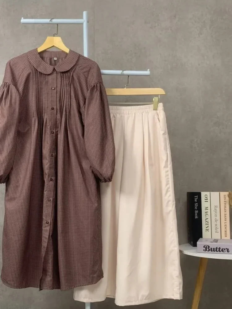 CHICMORE Set dua potong panjang wanita termasuk kemeja kotak-kotak dan celana panjang dalam dua warna