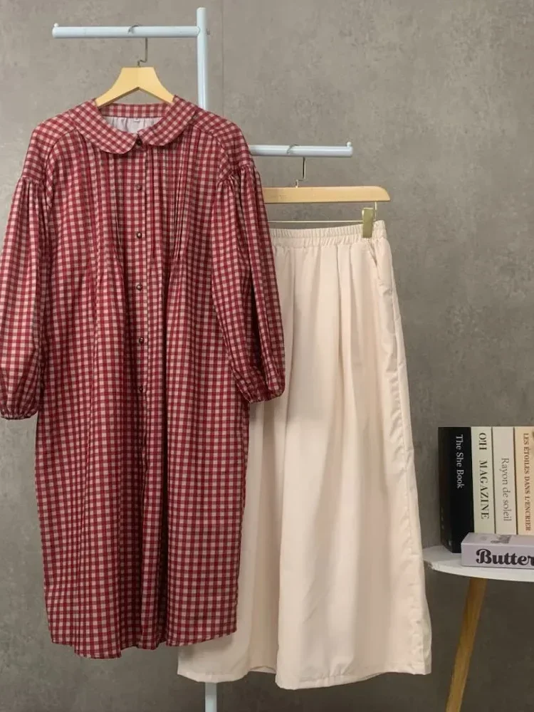 CHICMORE Set dua potong panjang wanita termasuk kemeja kotak-kotak dan celana panjang dalam dua warna