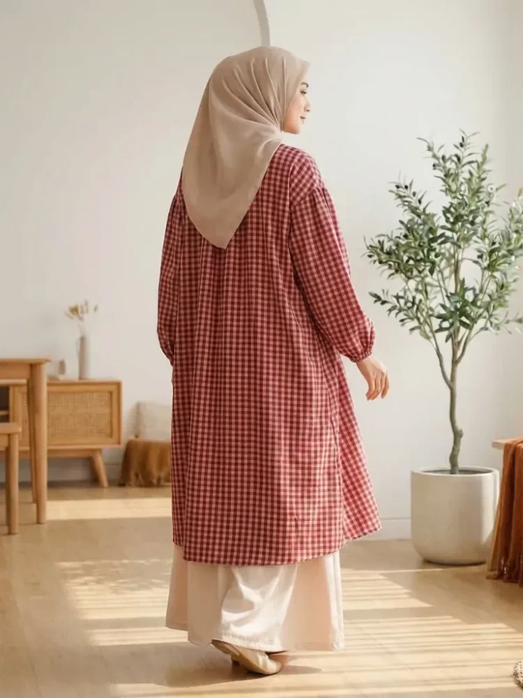 CHICMORE Set dua potong panjang wanita termasuk kemeja kotak-kotak dan celana panjang dalam dua warna