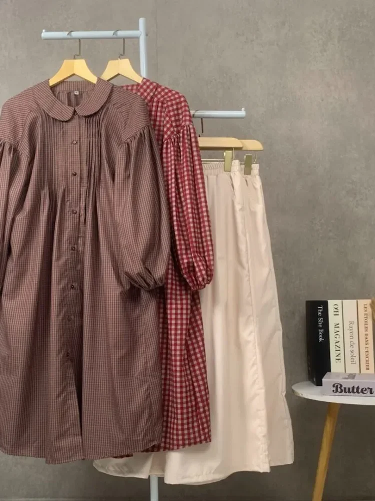 CHICMORE Set dua potong panjang wanita termasuk kemeja kotak-kotak dan celana panjang dalam dua warna