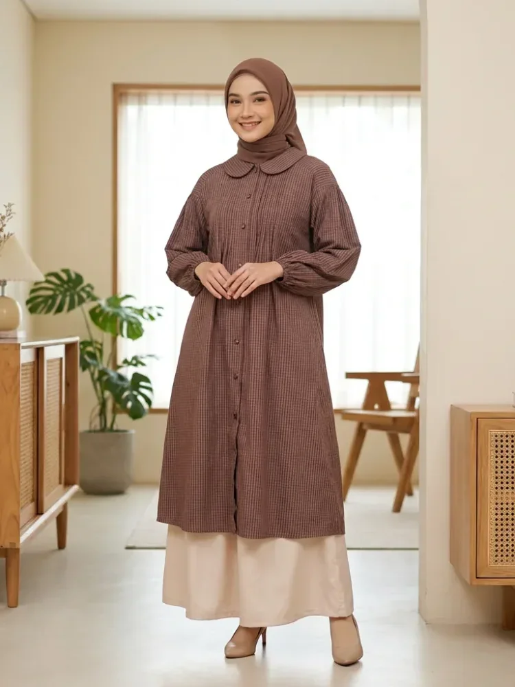 CHICMORE Set dua potong panjang wanita termasuk kemeja kotak-kotak dan celana panjang dalam dua warna