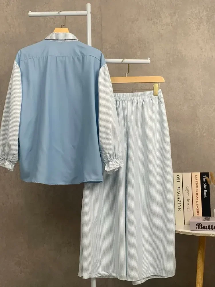 CHICMORE Kemeja lengan panjang wanita dengan detail pita, dipadukan dengan celana panjang bergaris