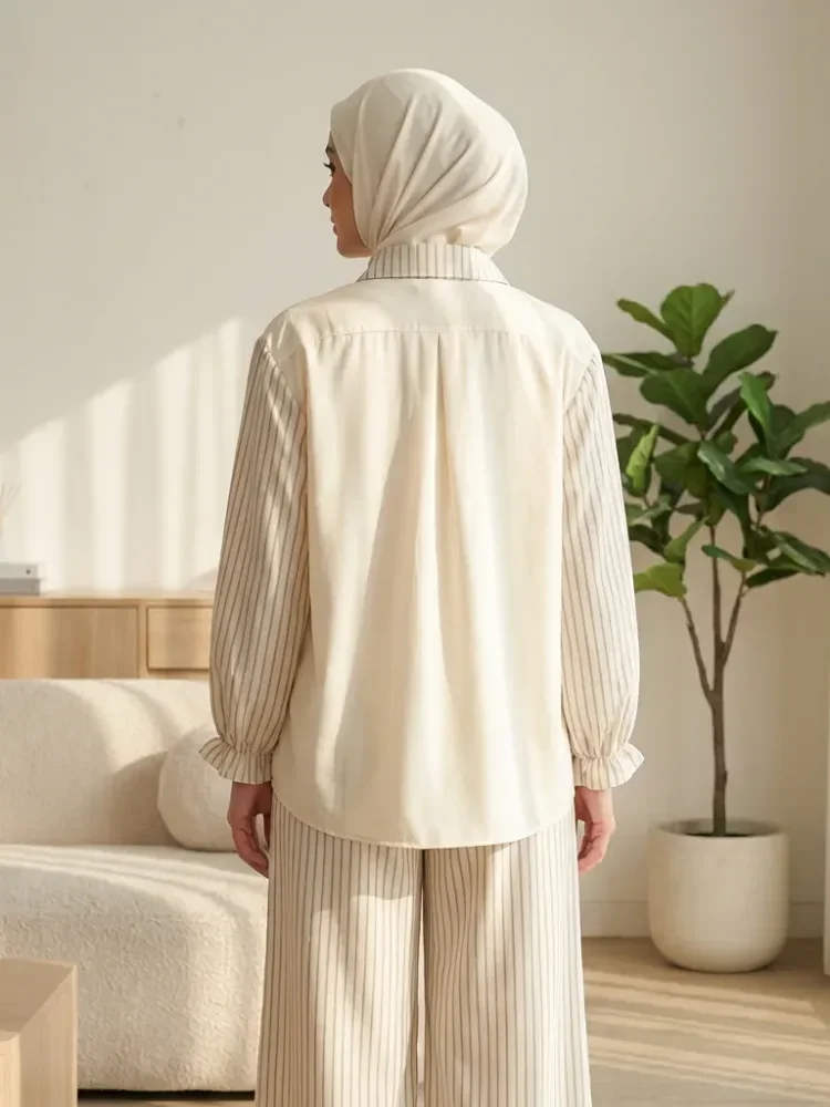 CHICMORE Kemeja lengan panjang wanita dengan detail pita, dipadukan dengan celana panjang bergaris