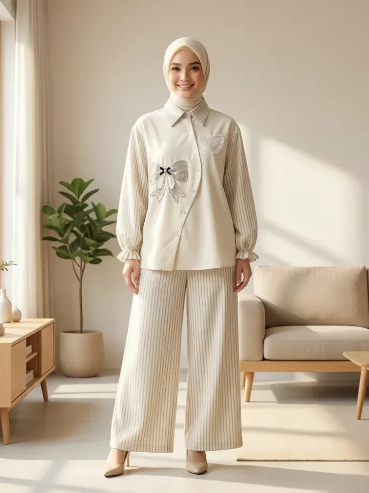 CHICMORE Kemeja lengan panjang wanita dengan detail pita, dipadukan dengan celana panjang bergaris