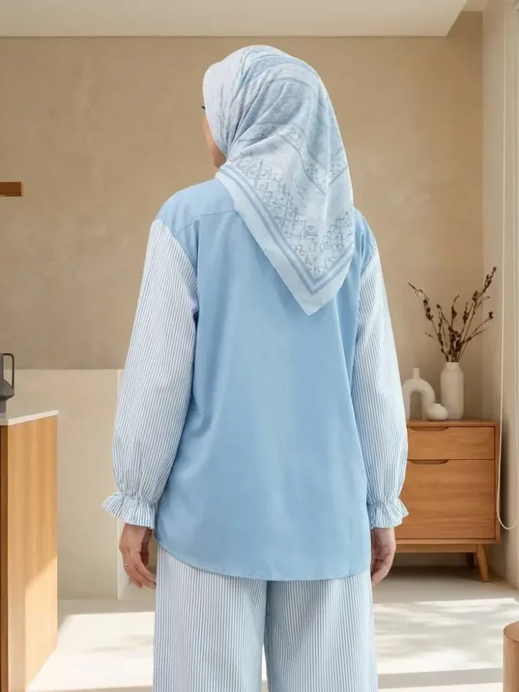 CHICMORE Kemeja lengan panjang wanita dengan detail pita, dipadukan dengan celana panjang bergaris