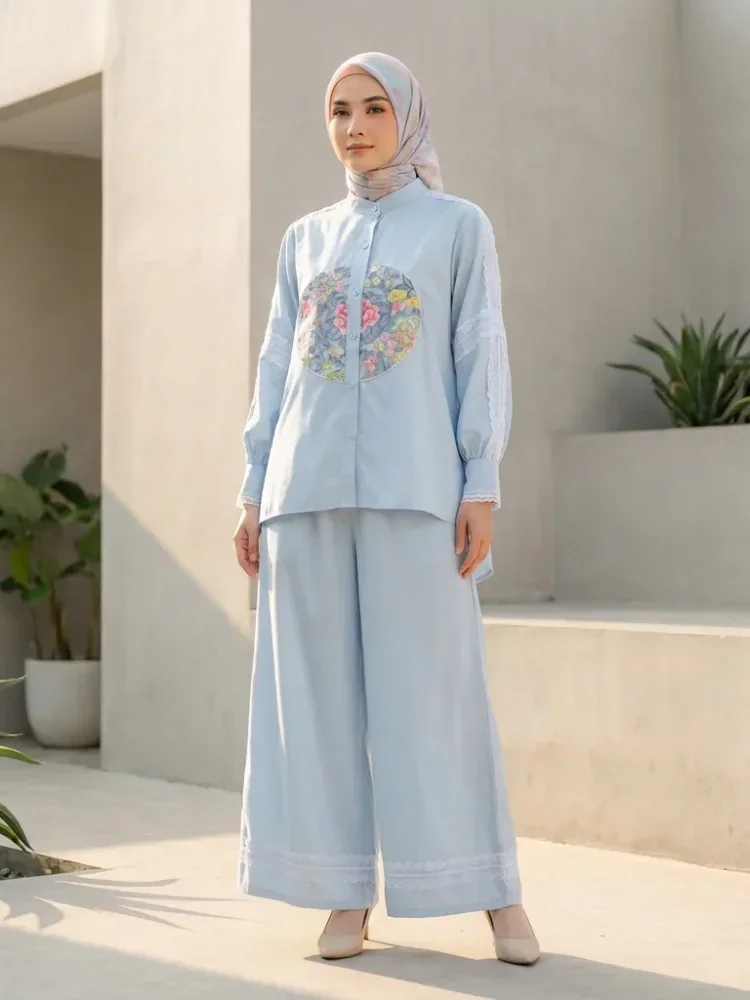 [READY STOCK]CHICMORE Setelan kemeja lengan panjang dan celana panjang, kemeja berhiaskan renda bordir