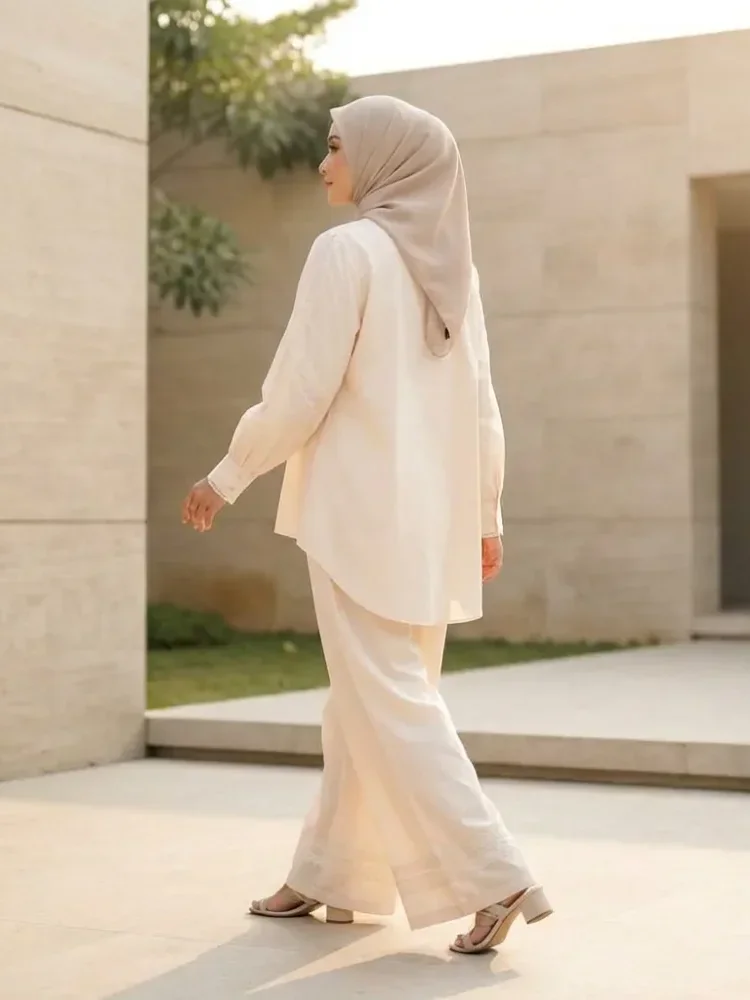 [READY STOCK]CHICMORE Setelan kemeja lengan panjang dan celana panjang, kemeja berhiaskan renda bordir