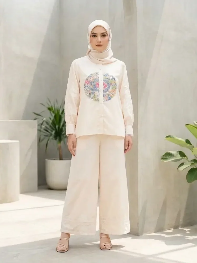 [READY STOCK]CHICMORE Setelan kemeja lengan panjang dan celana panjang, kemeja berhiaskan renda bordir