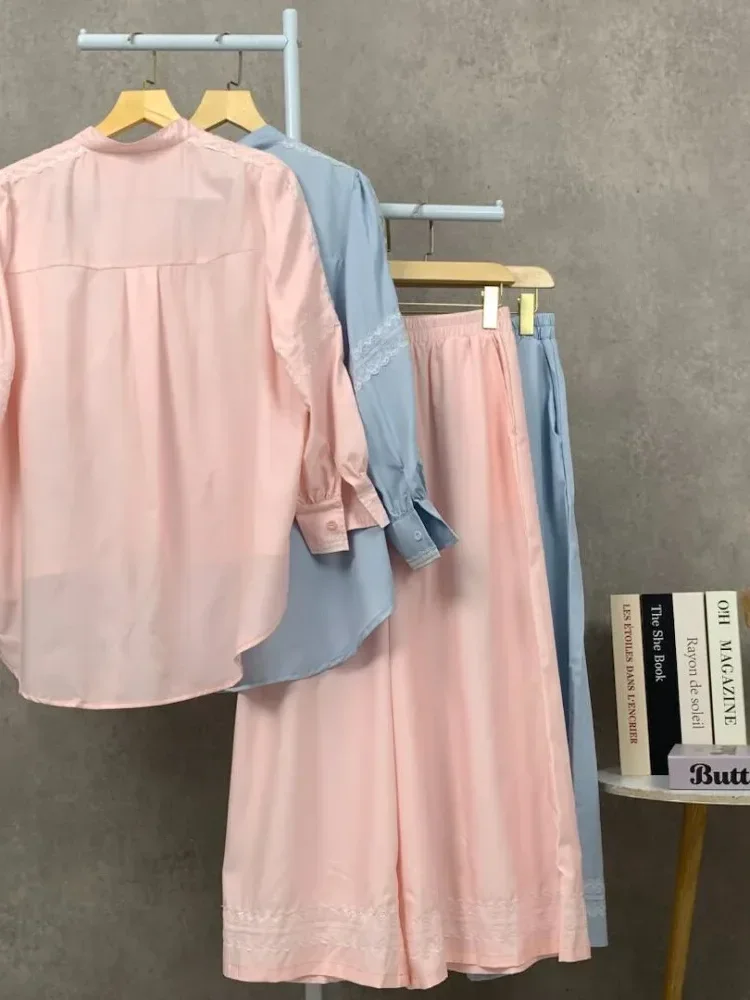 [READY STOCK]CHICMORE Setelan kemeja lengan panjang dan celana panjang, kemeja berhiaskan renda bordir