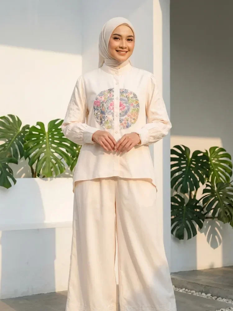 [READY STOCK]CHICMORE Setelan kemeja lengan panjang dan celana panjang, kemeja berhiaskan renda bordir