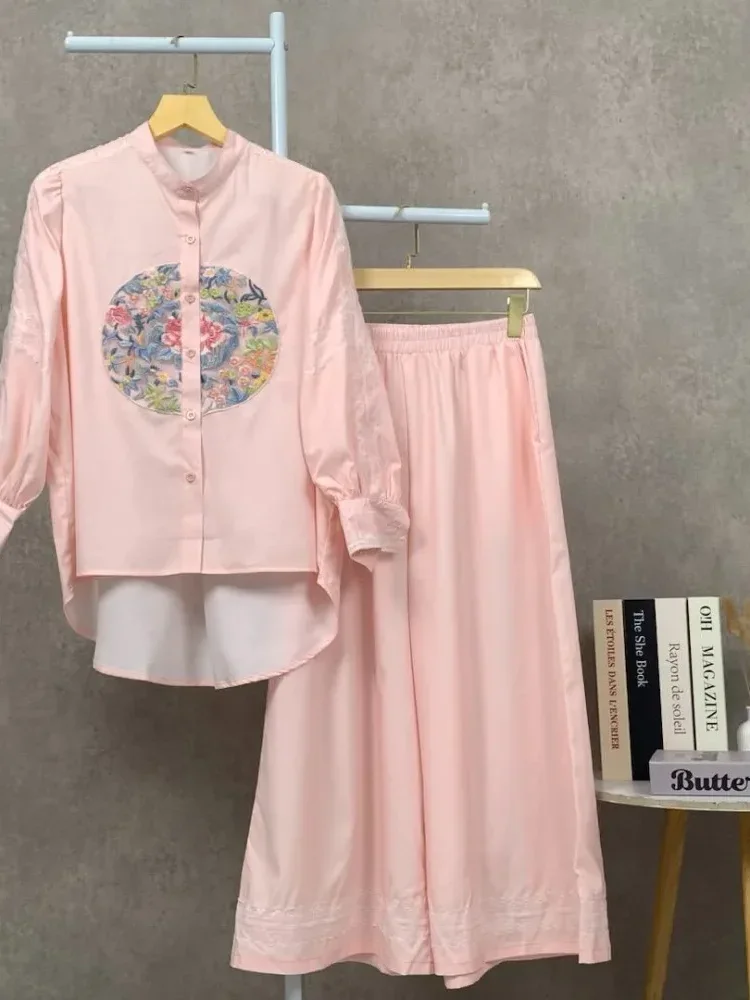 [READY STOCK]CHICMORE Setelan kemeja lengan panjang dan celana panjang, kemeja berhiaskan renda bordir