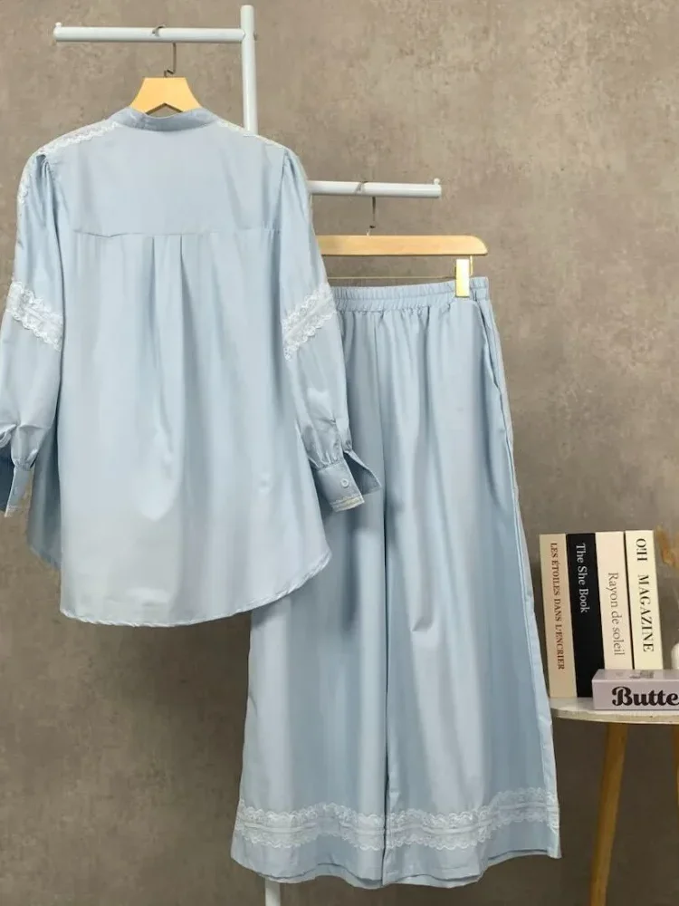 [READY STOCK]CHICMORE Setelan kemeja lengan panjang dan celana panjang, kemeja berhiaskan renda bordir