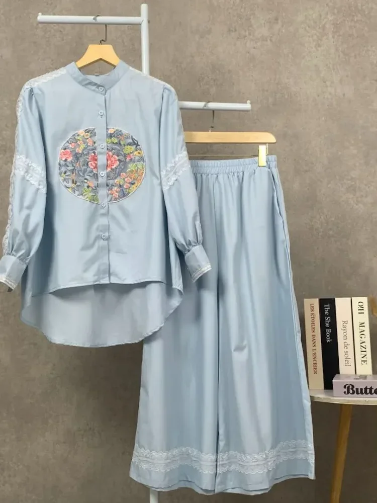 [READY STOCK]CHICMORE Setelan kemeja lengan panjang dan celana panjang, kemeja berhiaskan renda bordir