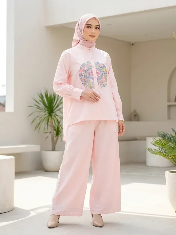 [READY STOCK]CHICMORE Setelan kemeja lengan panjang dan celana panjang, kemeja berhiaskan renda bordir