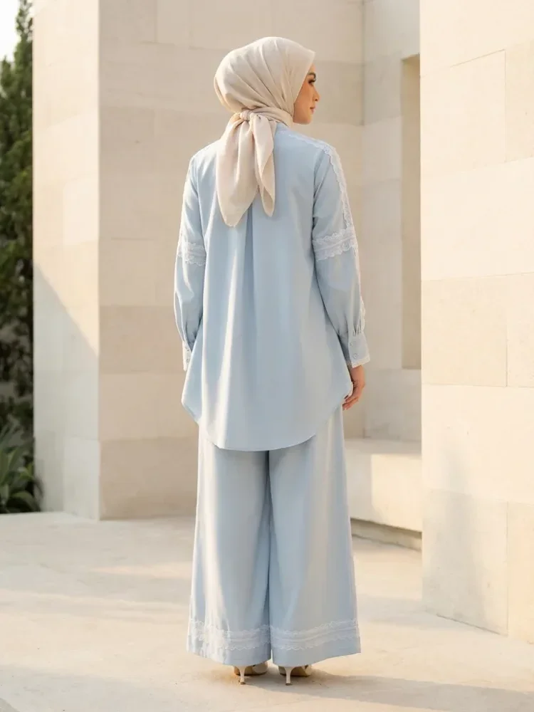 [READY STOCK]CHICMORE Setelan kemeja lengan panjang dan celana panjang, kemeja berhiaskan renda bordir