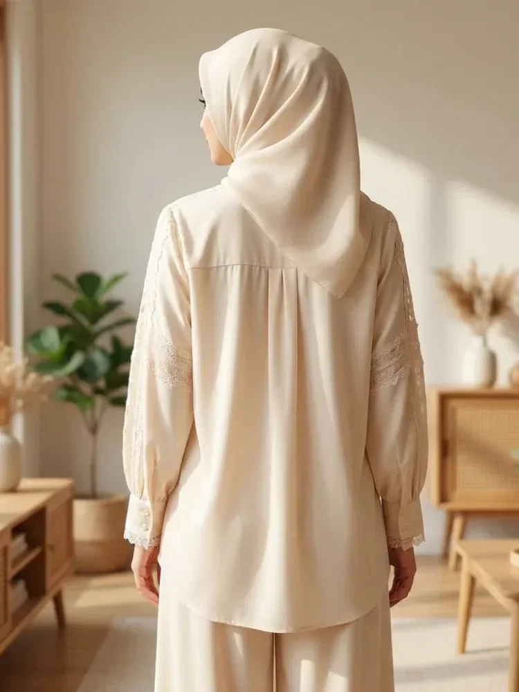 [READY STOCK]CHICMORE Setelan kemeja lengan panjang dan celana panjang, kemeja berhiaskan renda bordir