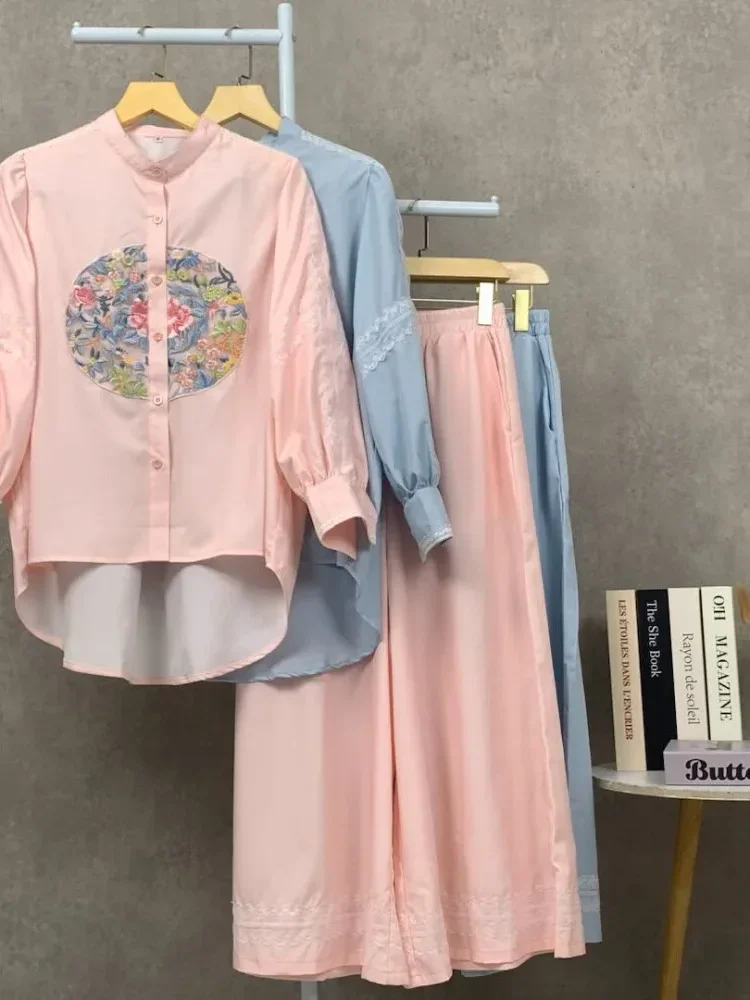 [READY STOCK]CHICMORE Setelan kemeja lengan panjang dan celana panjang, kemeja berhiaskan renda bordir