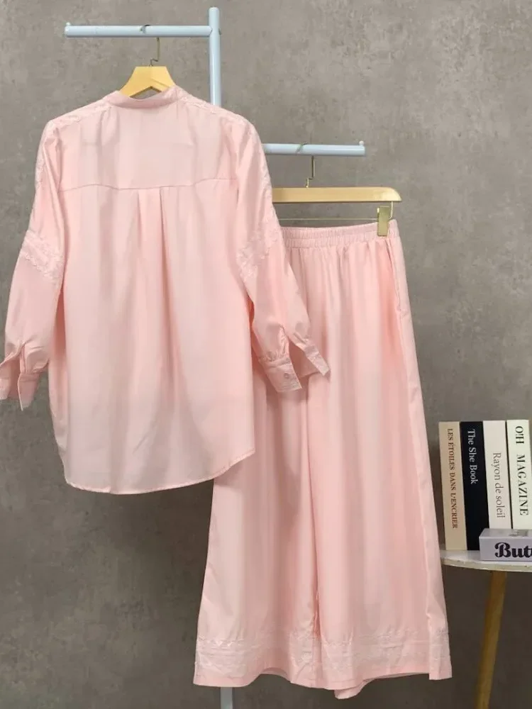 [READY STOCK]CHICMORE Setelan kemeja lengan panjang dan celana panjang, kemeja berhiaskan renda bordir