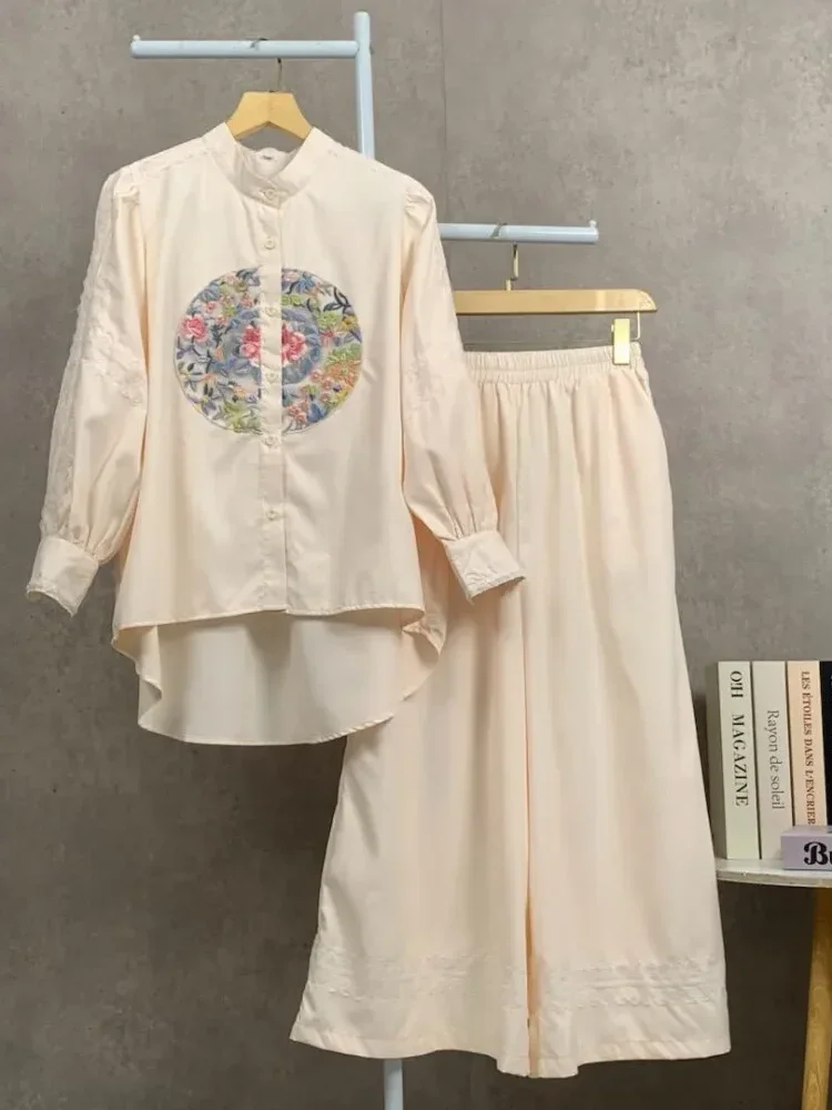 [READY STOCK]CHICMORE Setelan kemeja lengan panjang dan celana panjang, kemeja berhiaskan renda bordir