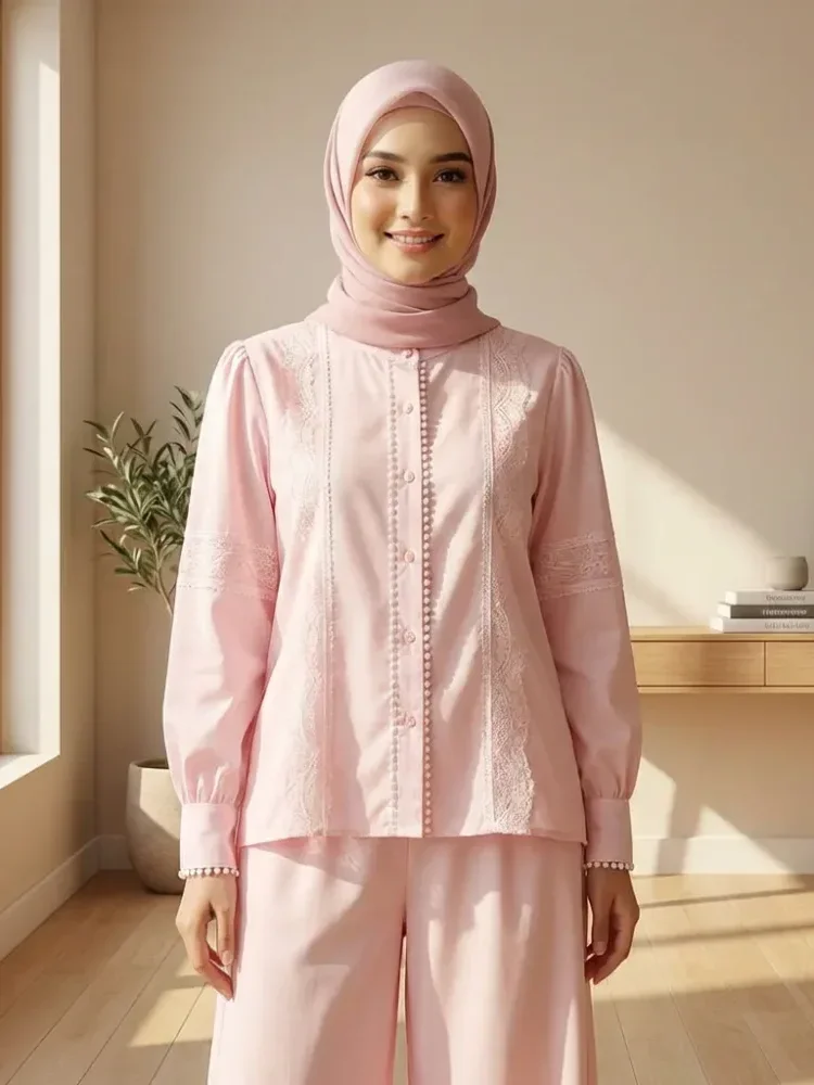 CHICMORE Setelan lengan panjang baru, atasan solid dipadukan dengan hiasan renda, celana panjang solid yang longgar