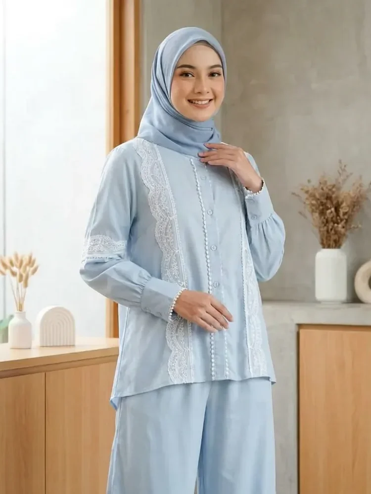 CHICMORE Setelan lengan panjang baru, atasan solid dipadukan dengan hiasan renda, celana panjang solid yang longgar