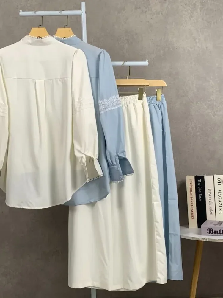 CHICMORE Setelan lengan panjang baru, atasan solid dipadukan dengan hiasan renda, celana panjang solid yang longgar