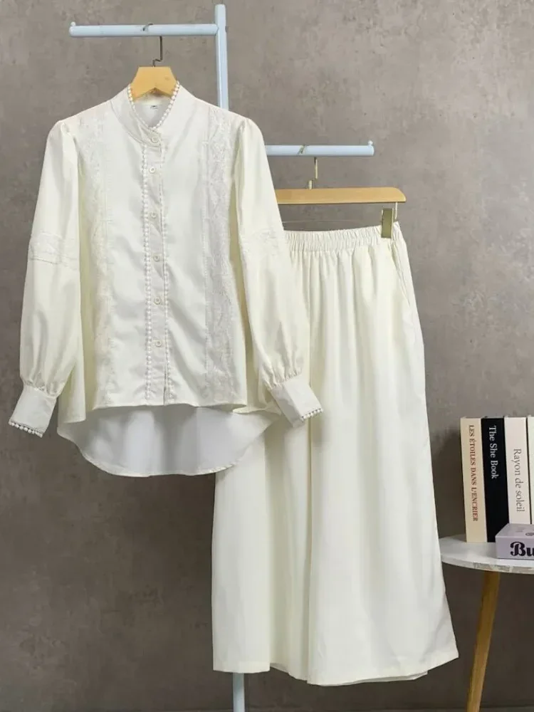 CHICMORE Setelan lengan panjang baru, atasan solid dipadukan dengan hiasan renda, celana panjang solid yang longgar