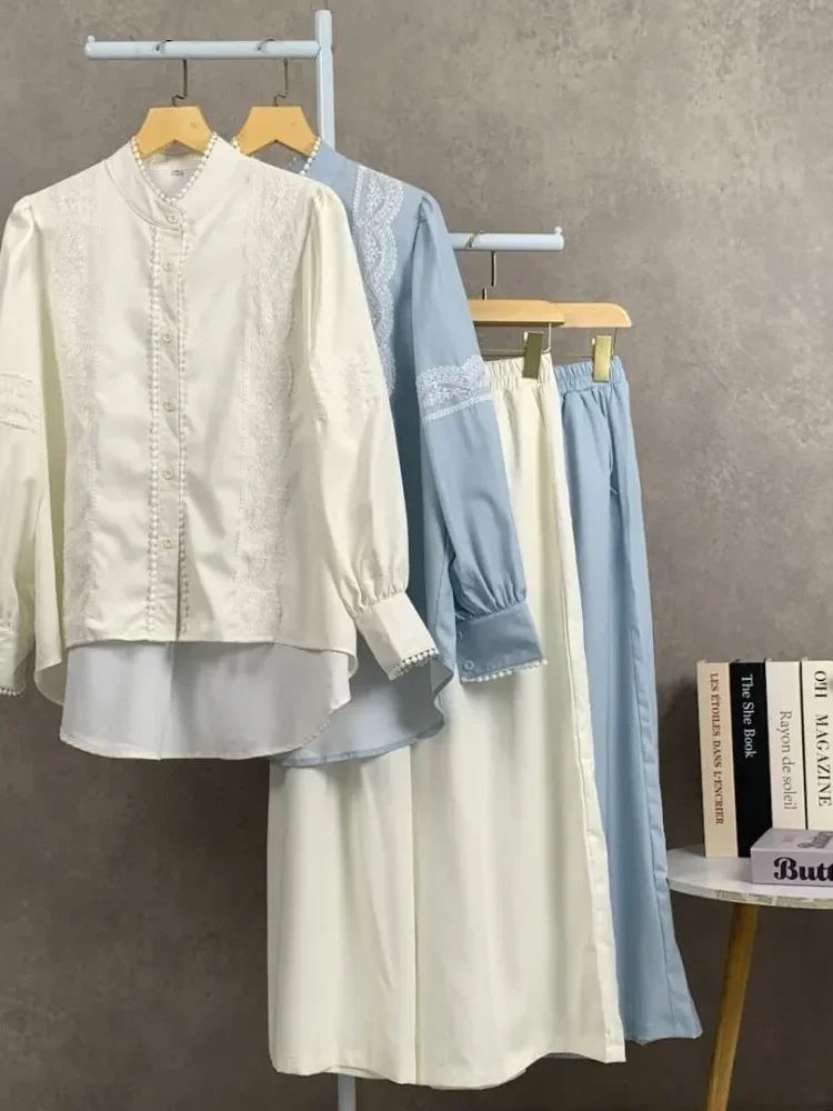 CHICMORE Setelan lengan panjang baru, atasan solid dipadukan dengan hiasan renda, celana panjang solid yang longgar