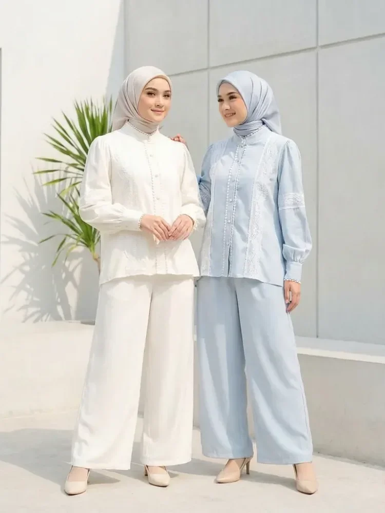 CHICMORE Setelan lengan panjang baru, atasan solid dipadukan dengan hiasan renda, celana panjang solid yang longgar