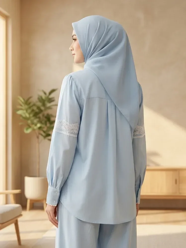 CHICMORE Setelan lengan panjang baru, atasan solid dipadukan dengan hiasan renda, celana panjang solid yang longgar