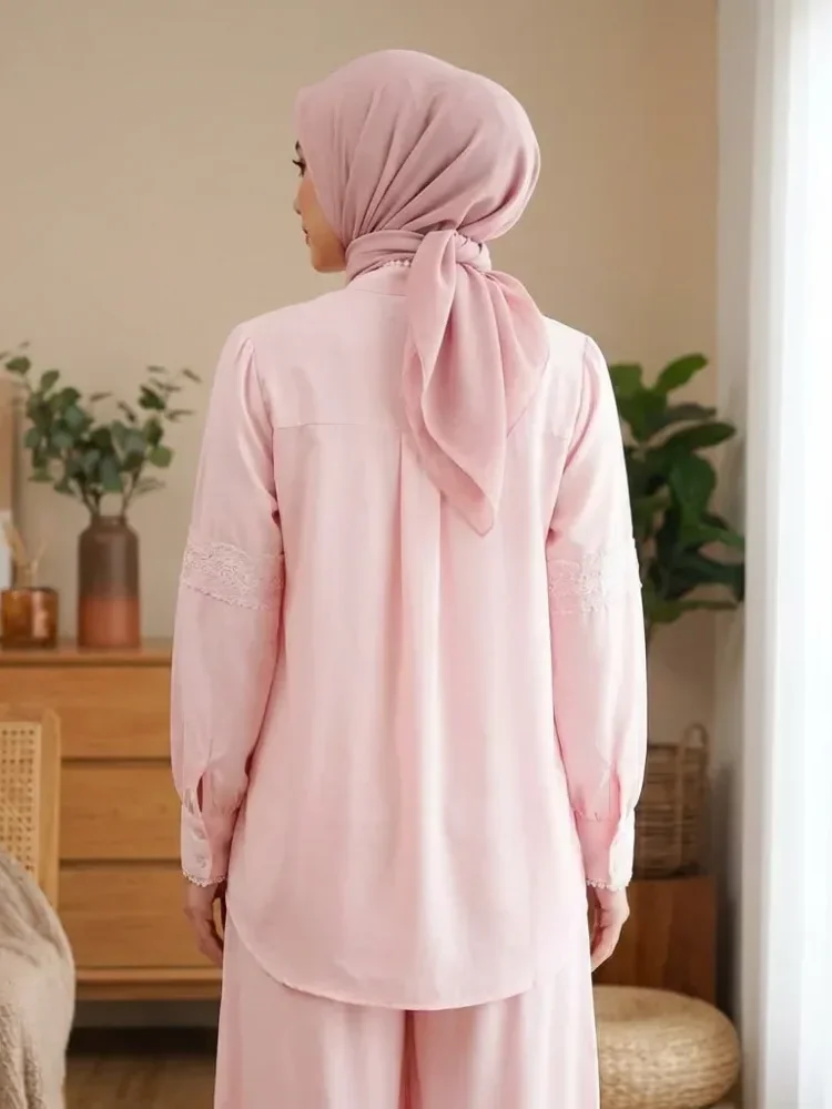 CHICMORE Setelan lengan panjang baru, atasan solid dipadukan dengan hiasan renda, celana panjang solid yang longgar