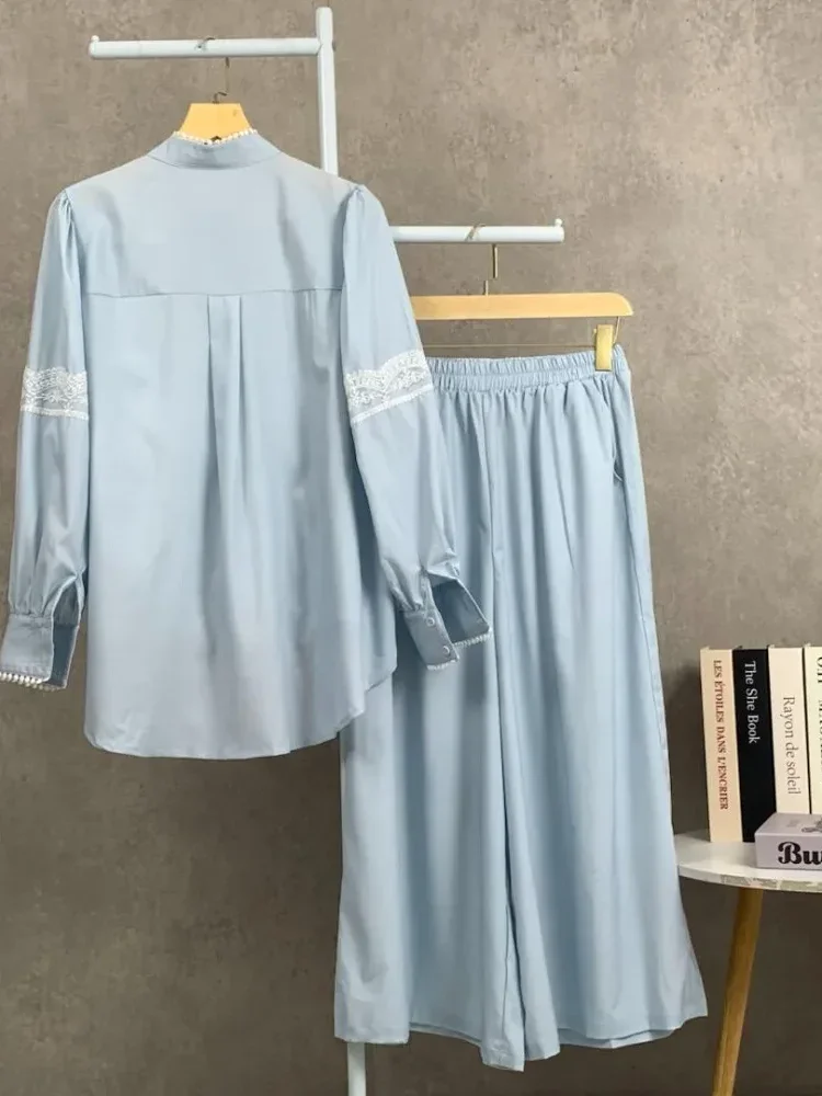 CHICMORE Setelan lengan panjang baru, atasan solid dipadukan dengan hiasan renda, celana panjang solid yang longgar