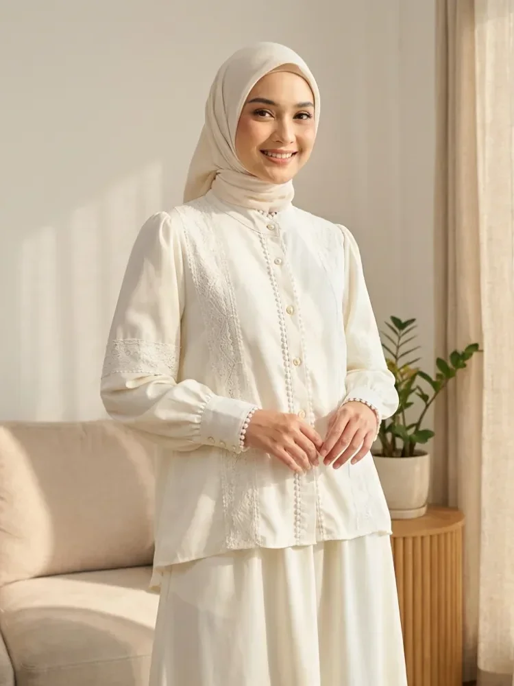 CHICMORE Setelan lengan panjang baru, atasan solid dipadukan dengan hiasan renda, celana panjang solid yang longgar