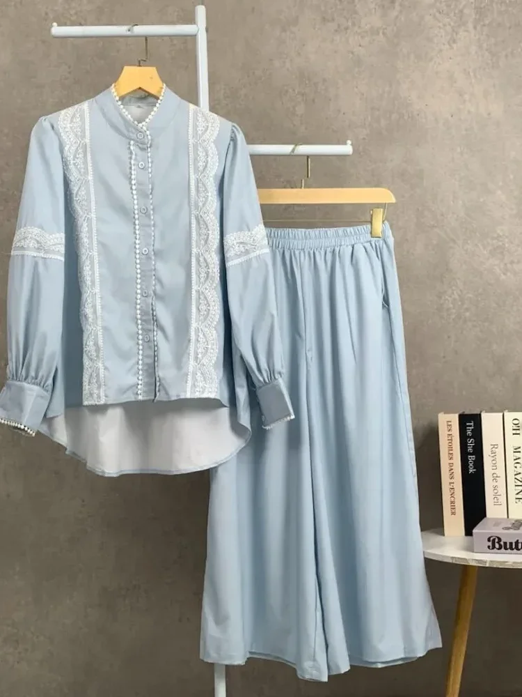 CHICMORE Setelan lengan panjang baru, atasan solid dipadukan dengan hiasan renda, celana panjang solid yang longgar